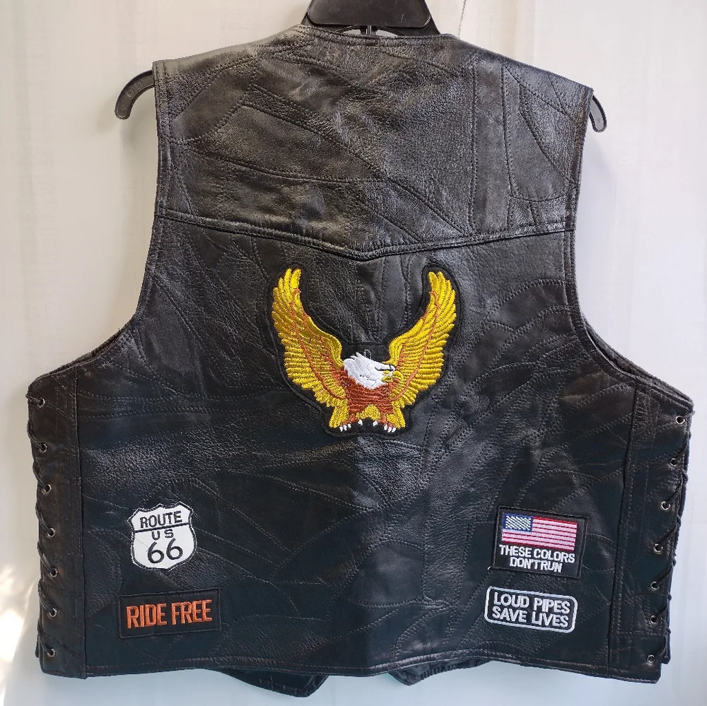 Diamond Plate Buffalo Mens Leather Vest Embroidered Patches 2X New